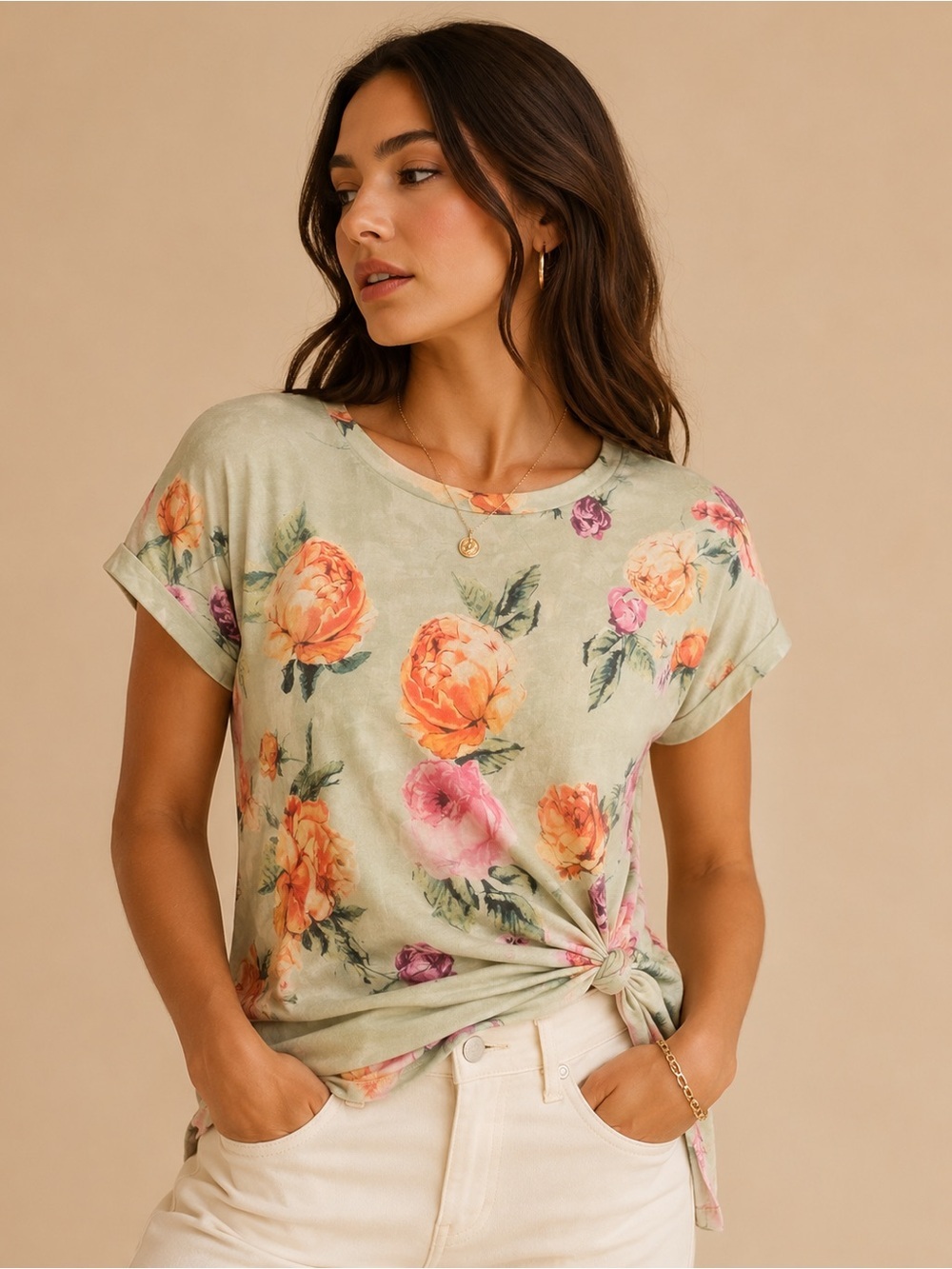 Floral Knot Sleeve Tee - Sage Green